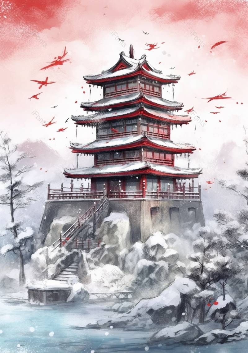 大寒寒冷结冰湖泊高处城楼古代建筑飞鸟红色古典传统风景水墨插画,插画/手绘图,插画/手绘图库,插画/手绘图下载,插画/手绘